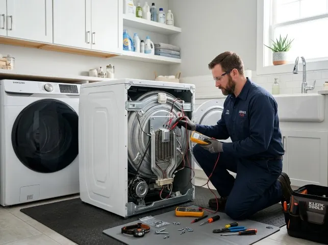 Appliance Repair Hero technician checking a dryer heating element with the rear panel off in Algonquin, IL