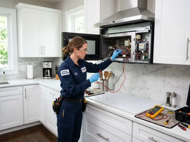 Appliance Repair Hero technician testing an over-the-range microwave in a Algonquin, IL kitchen