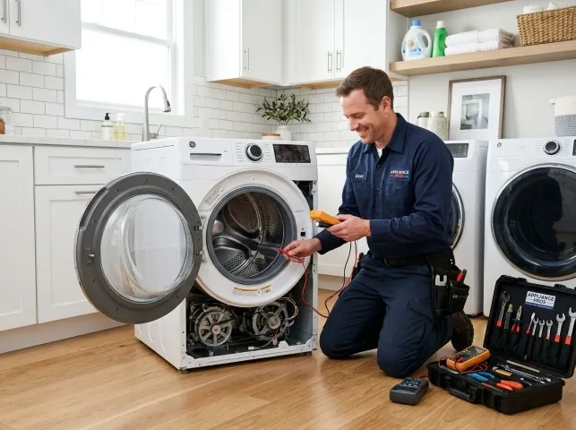 Appliance Repair Hero technician testing a front-load washer with a multimeter on a Algonquin, IL service call